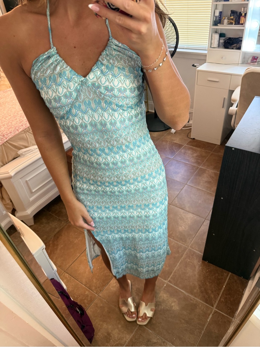 wild fable Light Blue Patterned Midi Slip Dress with Side Slit